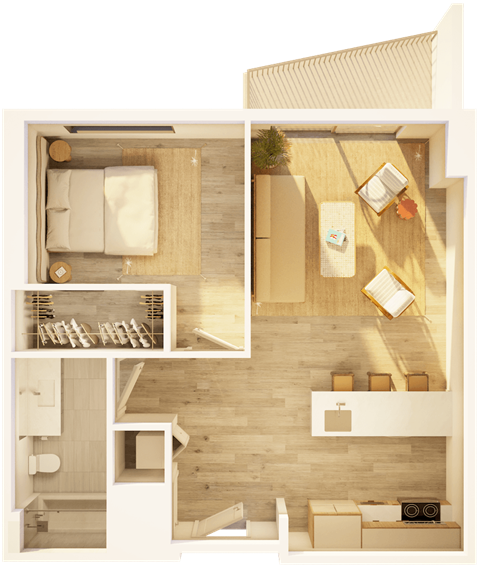 Floor plan for 1 bed, 1 bath, 686 sqft